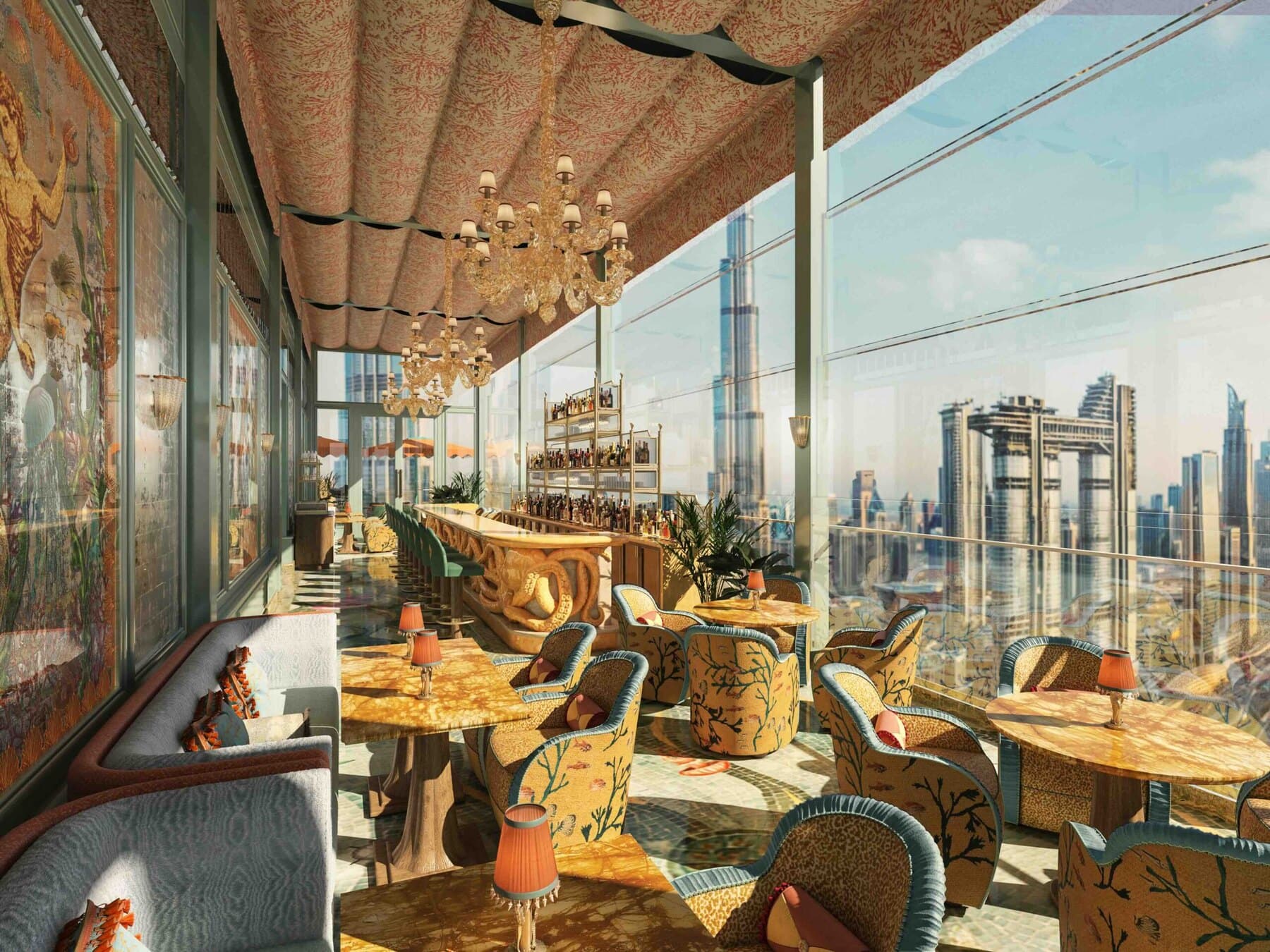 The bar and dining room at Sexy Fish Dubai, with its aquarium wall and hand-painted underwater murals.